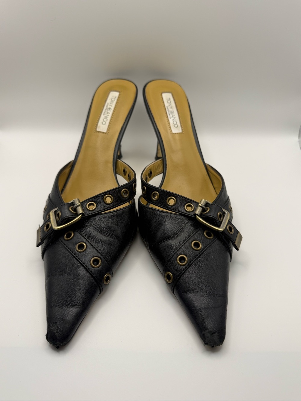Tony Bianco Black Pointed Leather Mule with Gold Buckle - Picture 3 of 10